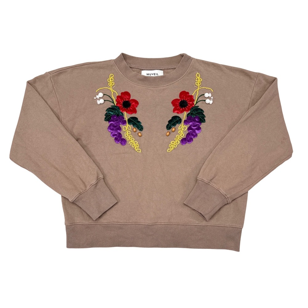 Muveil Sweater Womens Size Small Tan Crewneck Pullover Beaded Embroidered